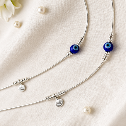Evil Eye Anklet with Seashell Charm